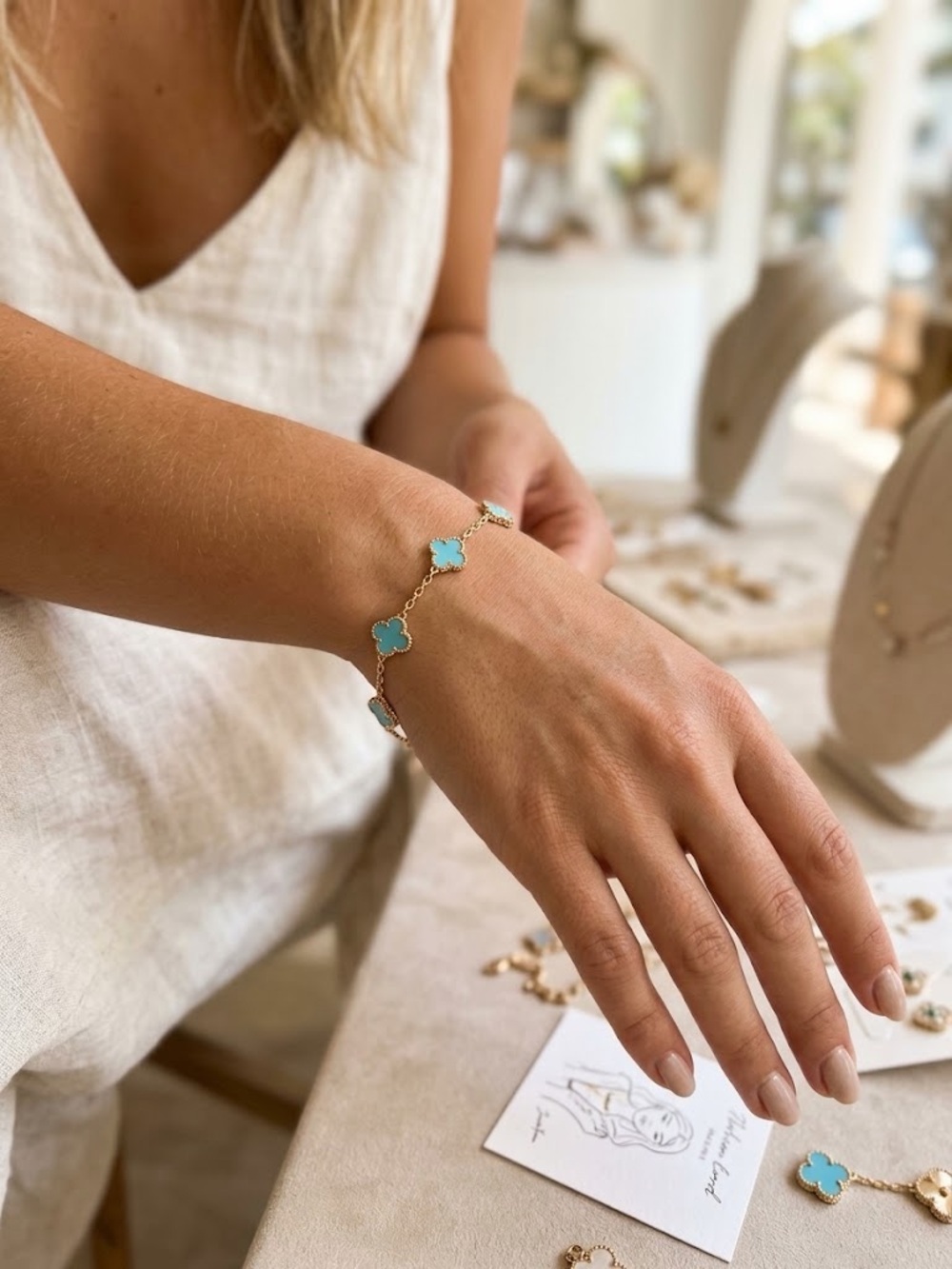 Stainless steel Bracelet with Turquoise Clover Accents